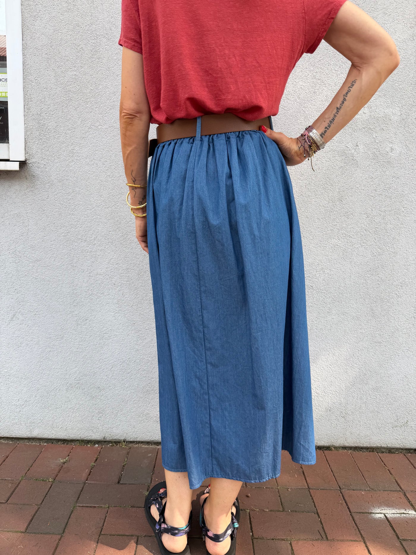 Jupe Jeanne longue en chambray avec ceinture à rayures