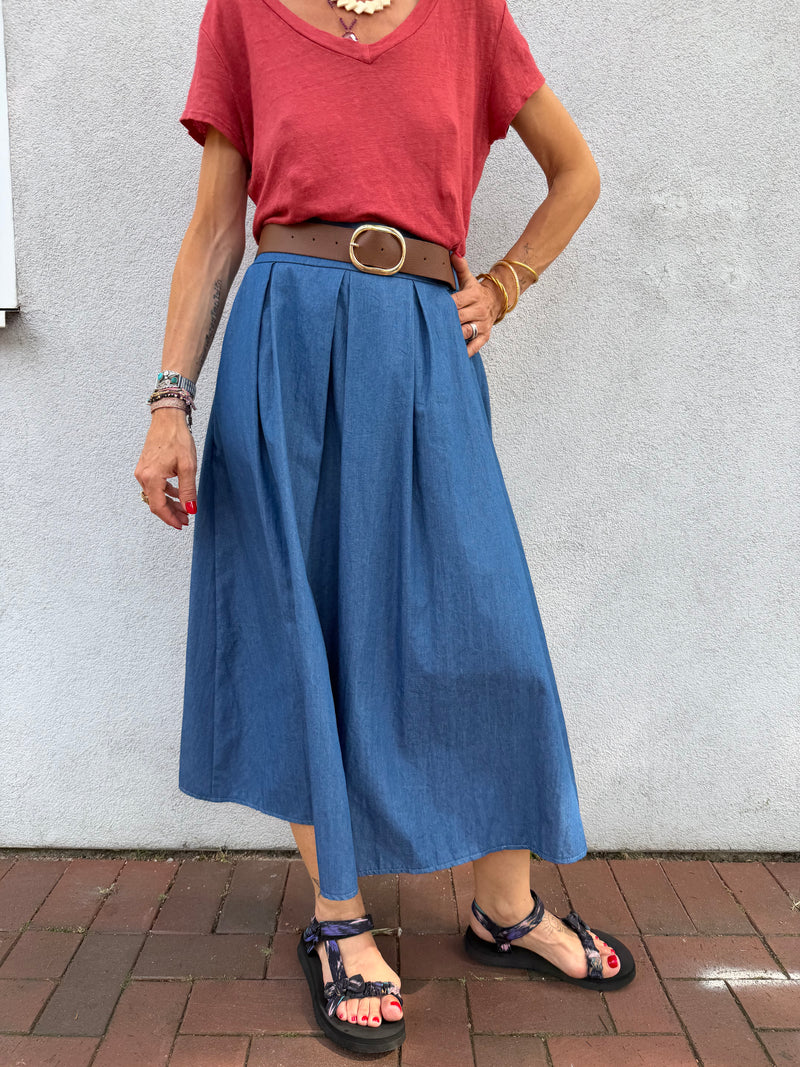 Jupe Jeanne longue en chambray avec ceinture à rayures