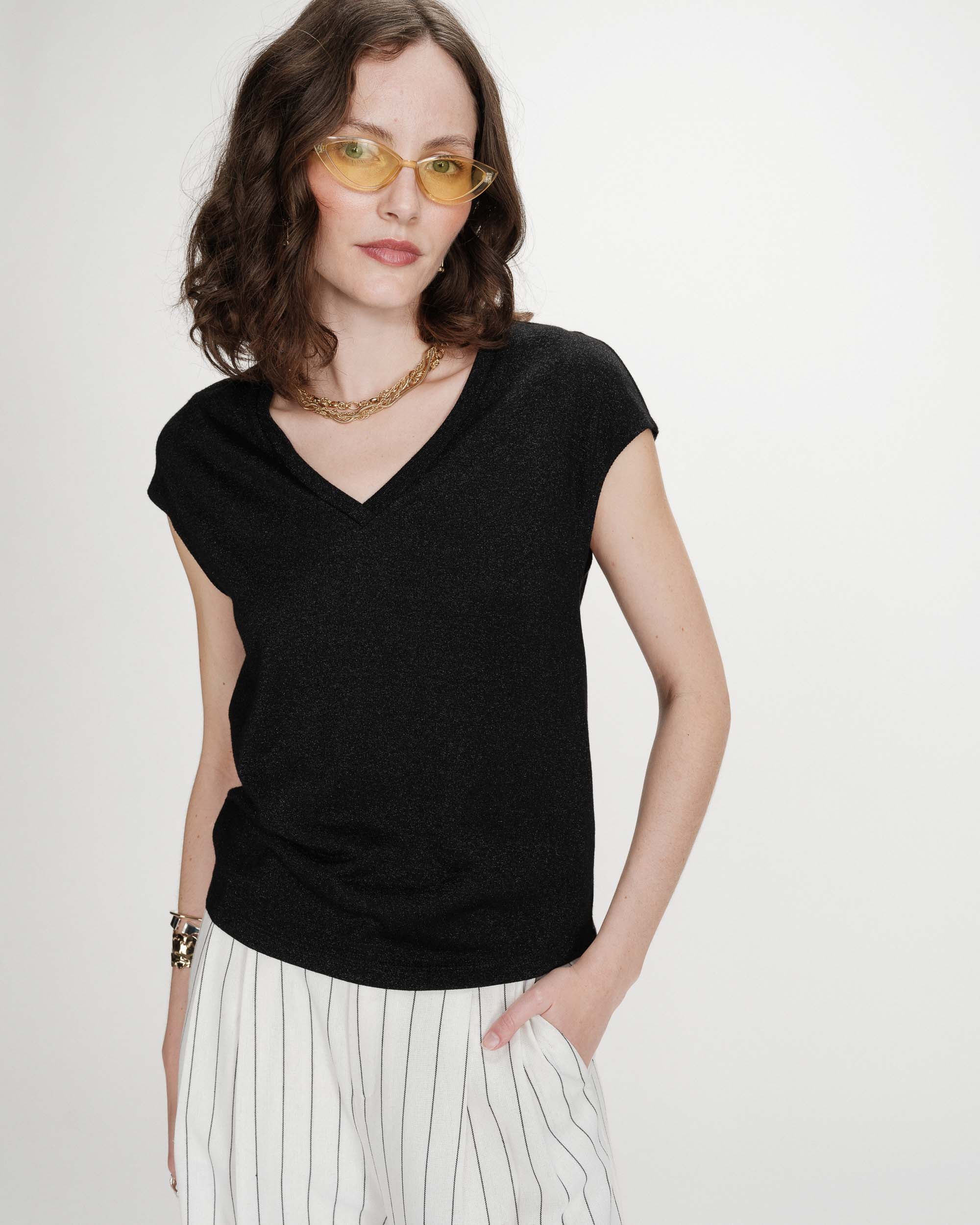 T-shirt Grace & Mila VALSONS col V noir en lurex