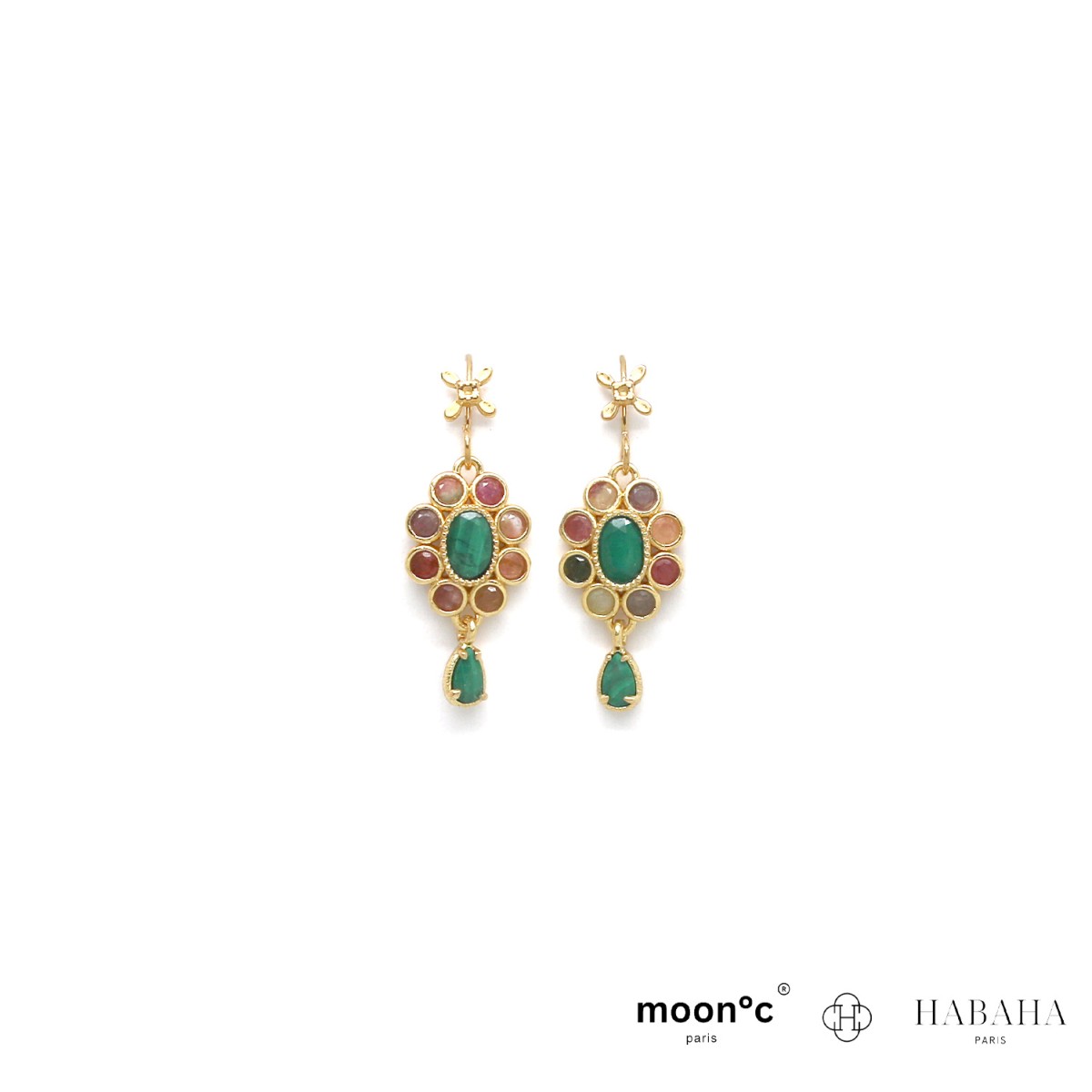 Boucles d’oreilles crochet rosace de tourmaline/malachite
