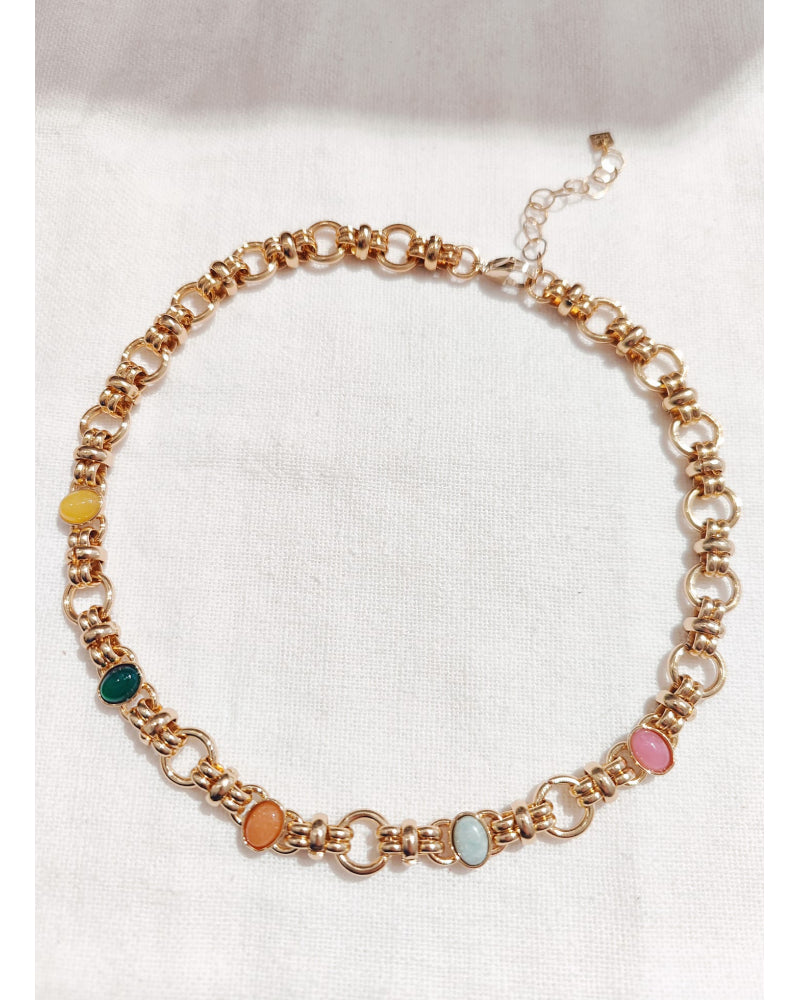 Collier chaîne pierres multi dorées