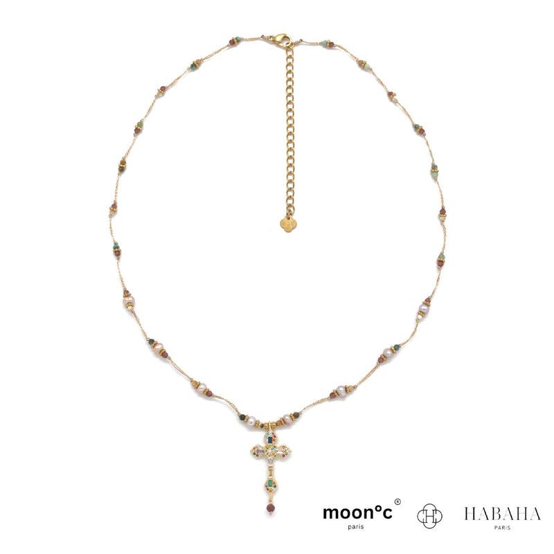 Collier fil perles et croix MARIE