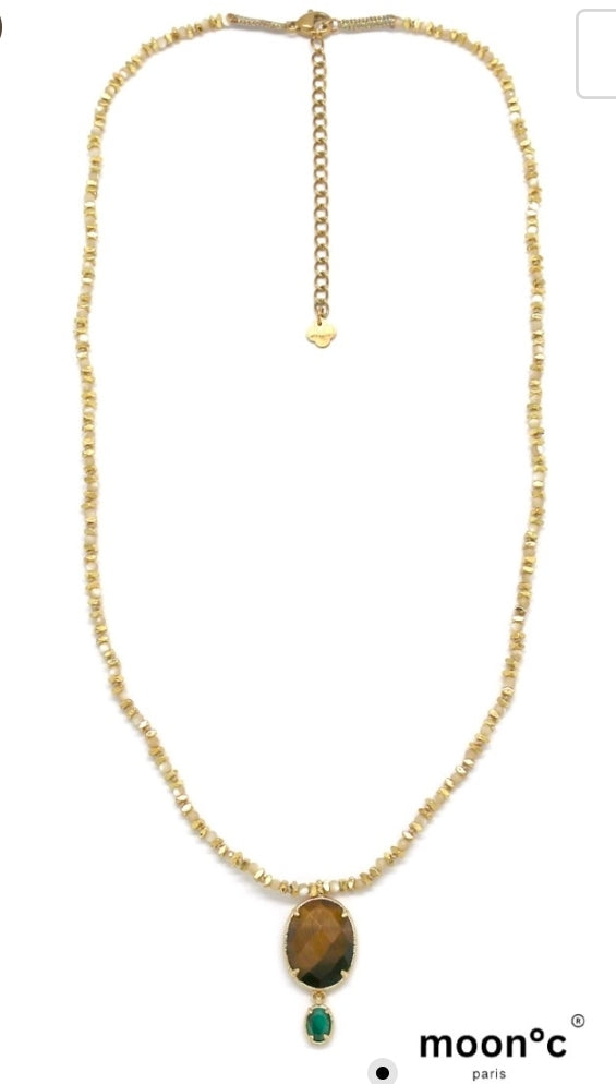 Collier Moly perlés pierres mix hématite doré cabochon -