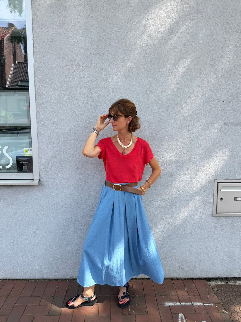 Jupe Jeanne longue en chambray avec ceinture à rayures