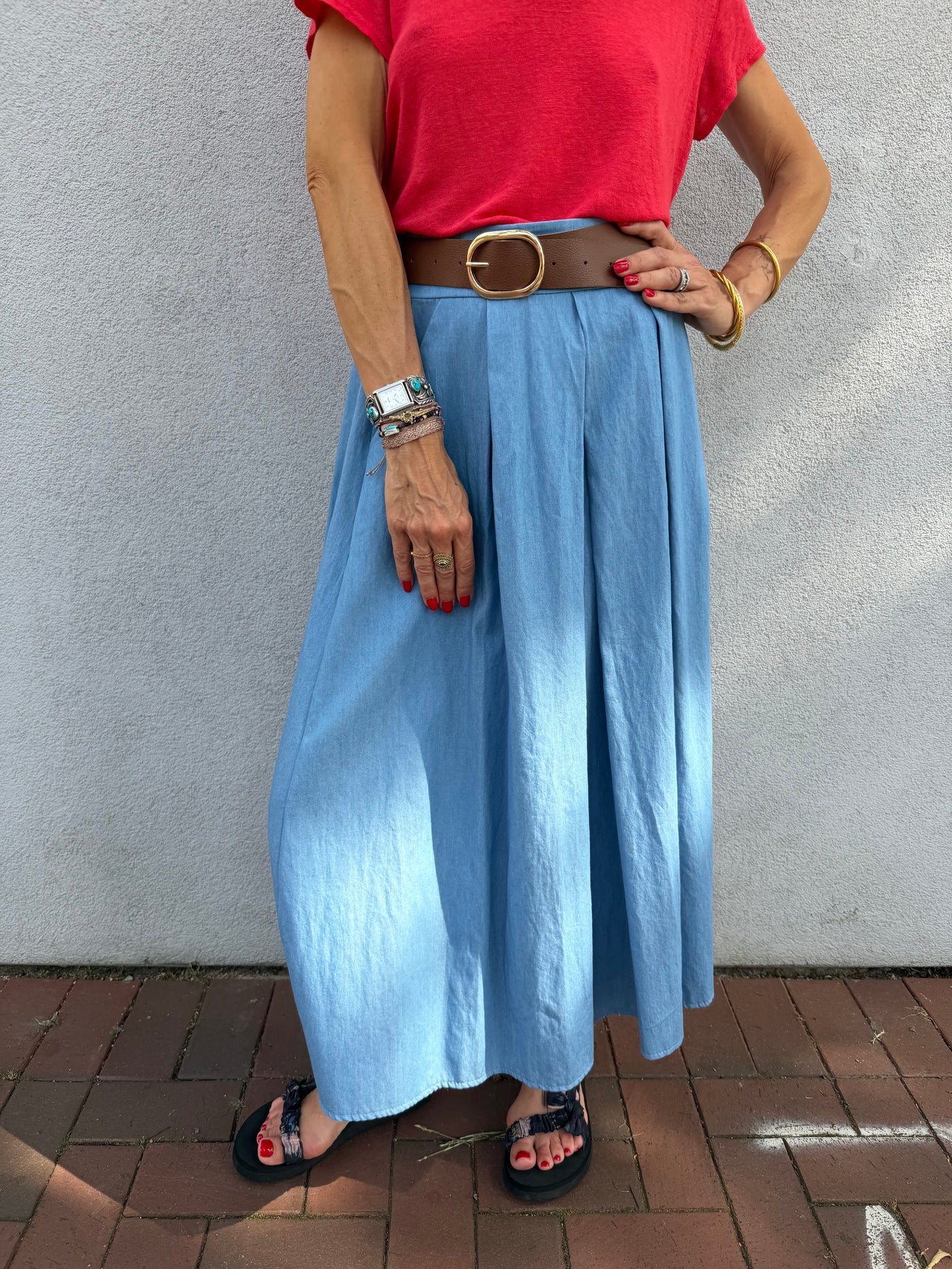 Jupe Jeanne longue en chambray avec ceinture à rayures