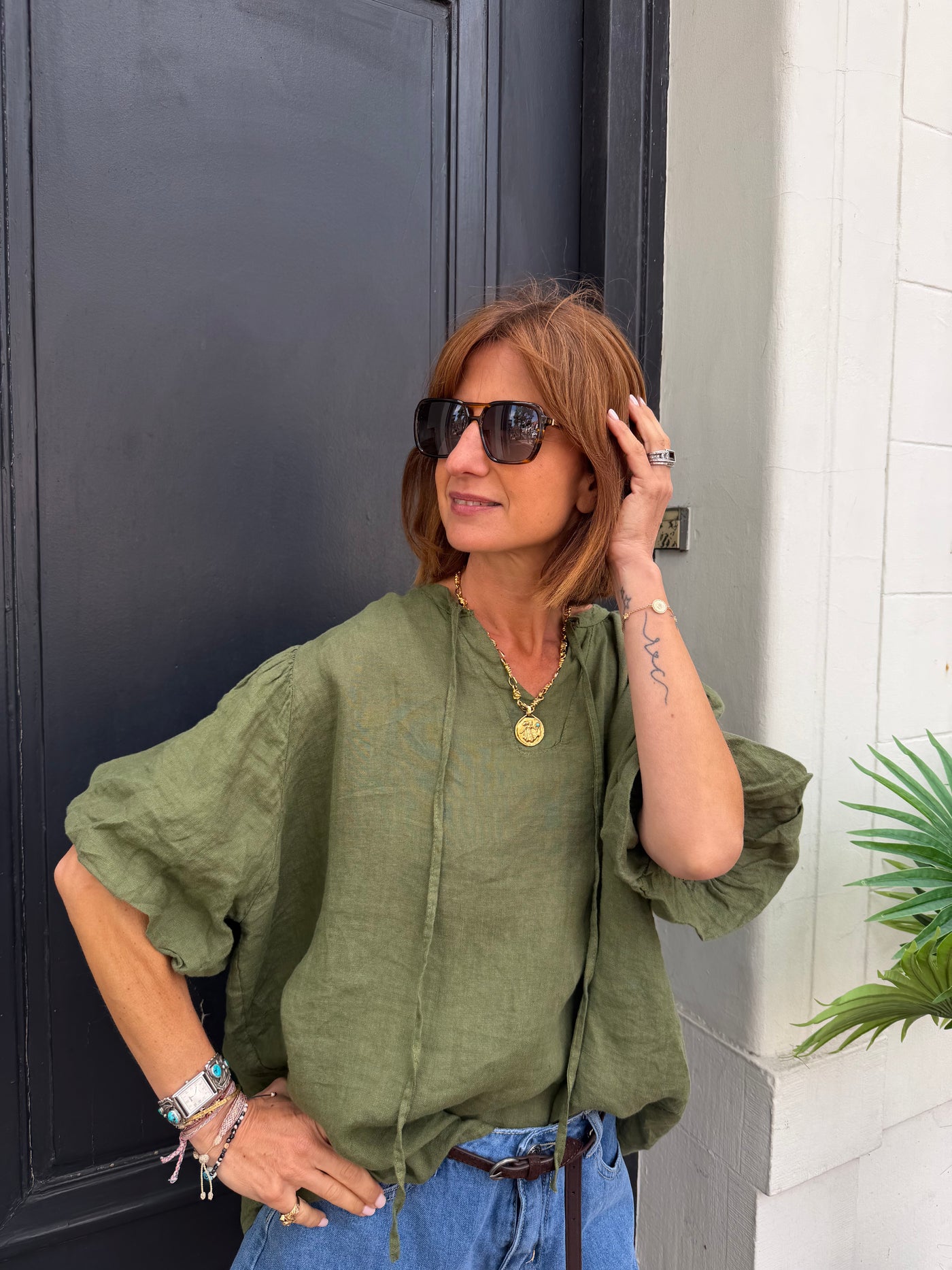 Blouse Rita en lin kaki manches courtes