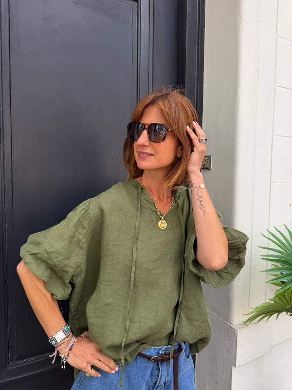 Blouse Rita en lin kaki manches courtes