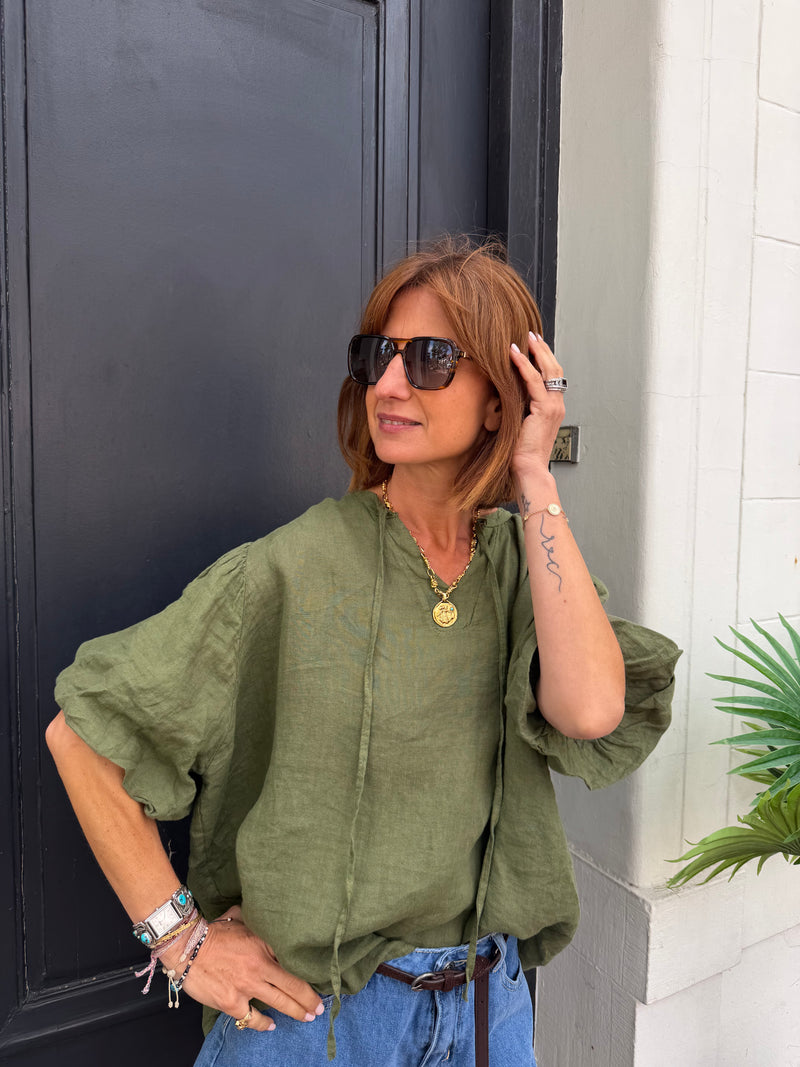 Blouse Rita en lin kaki manches courtes