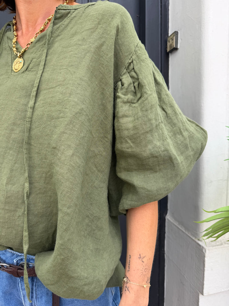 Blouse Rita en lin kaki manches courtes