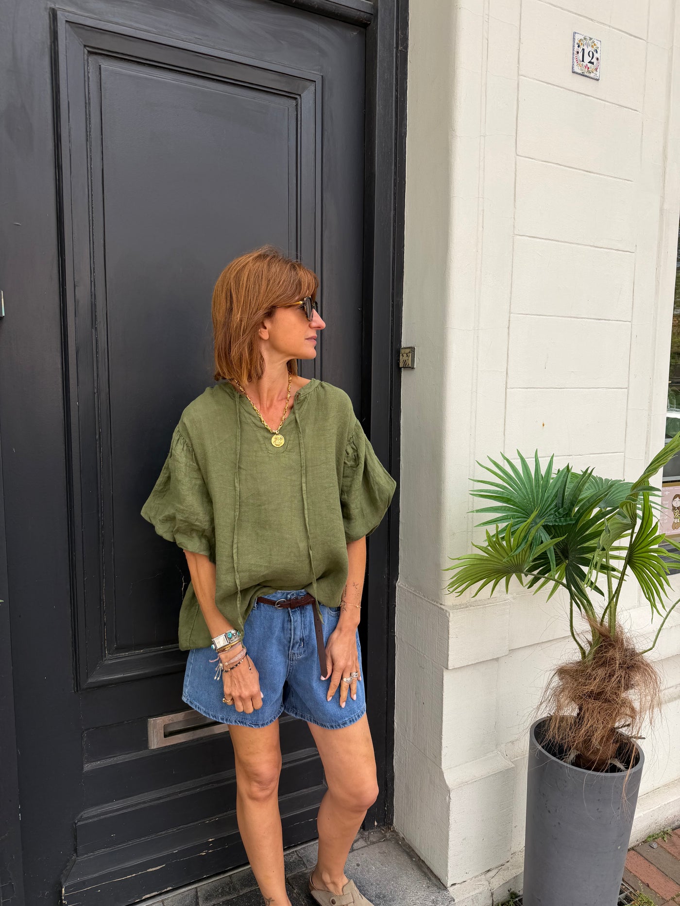 Blouse Rita en lin kaki manches courtes