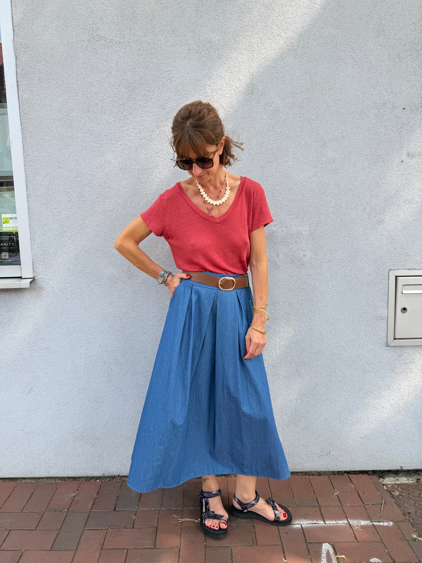 Jupe Jeanne longue en chambray avec ceinture à rayures