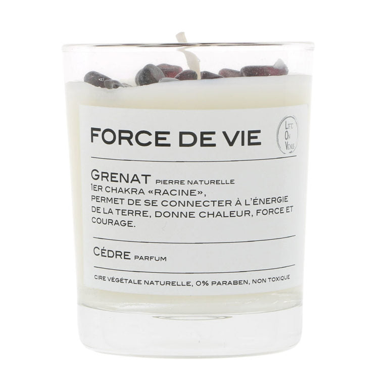 Bougie parfumée FORCE DE VIE avec pierres de grenat, indiquée pour le 1er chakra ‘racine’, parfumée au cèdre, présentée dans un pot en verre.