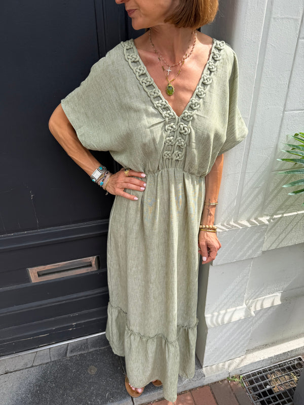 Robe Olivia longue détail tressé kaki