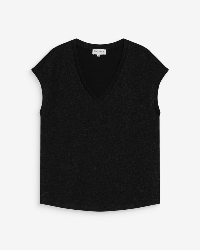 T-shirt Grace & Mila VALSONS col V noir en lurex