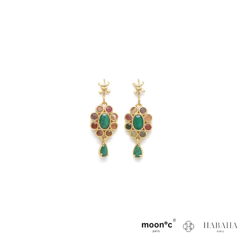 Boucles d’oreilles crochet rosace de tourmaline/malachite