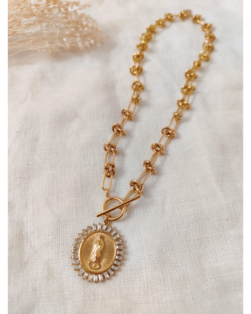 Collier médaille strass MARIE en acier inoxydable